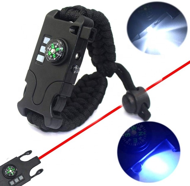 Pulsera de supervivencia táctica, Kit de equipo de emergencia con linterna LED infrarroja SOS, lámpara UV, brújula, silbato de rescate