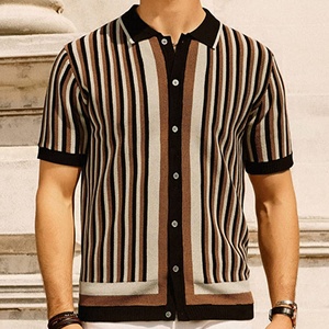 Polo d'été décontracté à manches courtes <span class=keywords><strong>et</strong></span> coupe ajustée pour homme Chemise en tricot délavé à rayures noires <span class=keywords><strong>et</strong></span> blanches - Product Image 3