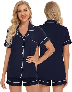 Voorbeelden Oem Bamboe Katoenen Pj Custom Logo Zomerkorte Mouw Tweedelige Dames Bruidsmeisje Pyjama Set