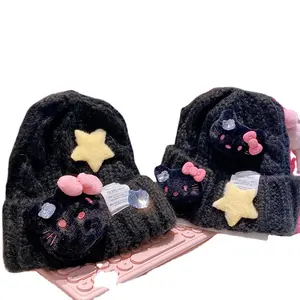 新しいデザインY2Kニット冬暖かい帽子レディース屋外防風ニットビーニーハット漫画猫と星