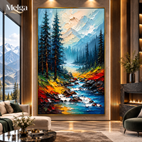 Grande Peinture Murale d'Automne Forêt Montagne Art Huileux Pin Ruisseau Bleu Orange sur Toile pour Décoration Salon Hôtel