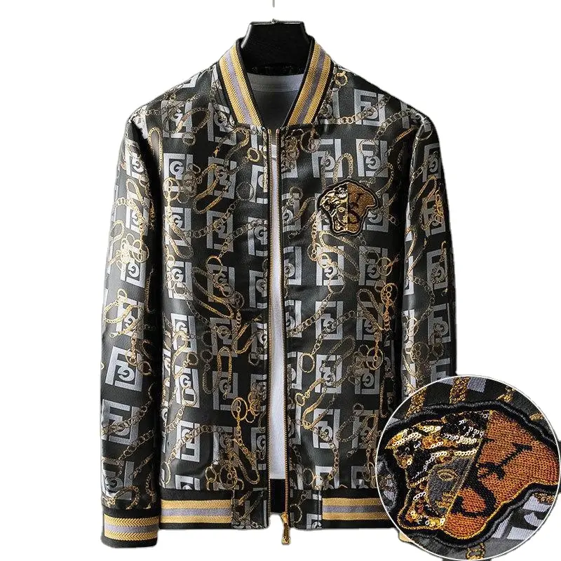 Jacket male youth fashion European and American fashion jacquard fabric heavy embroidery men's baseball collar coat male