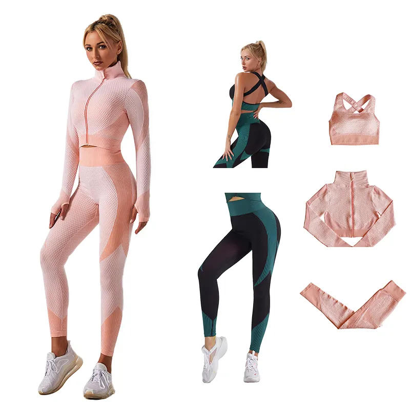 seamless high elastic women workout clothing yoga 3 piece sports sets fitness gym wears