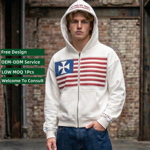 Sudadera con capucha con cremallera y logotipo personalizado de pedrería TKAN866, venta al por mayor, estilo urbano, de forro polar oversize, con gráfico de bandera y cruz brillante - Product Image 1