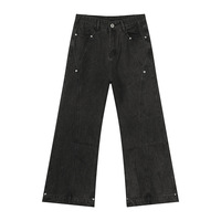 Jean évasé en denim taille mi-haute pour homme |   Style urbain américain, patchwork perlé, gris délavé foncé, tendance décontractée, été vintage