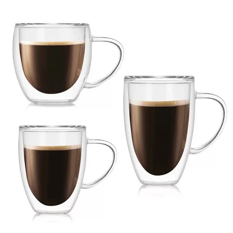 Wholesale transparent double wall borosilicate glass coffee cup with handle