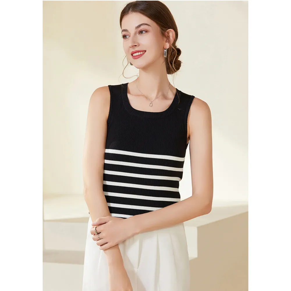 Striped Sleeveless Knit Sweater Ice Silk U-collar Top Women's Short T-shirt Summer Bottoming Sling Vest Female