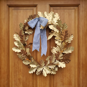 Corona de Hojas de Roble Rústica Hecha a Mano con Cinta Gris, Flores Decorativas, Redonda, de Madera, Sin Iluminación, Paquete Individual - Product Image 3