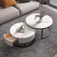 Ensemble de tables basses gigognes rondes de luxe moderne avec tiroir de rangement, plateau en pierre frittée, structure métallique pour mobilier de salon