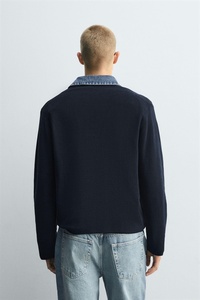 <span class=keywords><strong>Pull</strong></span> en maille mélangée pour homme, col polo en denim <span class=keywords><strong>bleu</strong></span> <span class=keywords><strong>marine</strong></span>, avec col Johnny en véritable denim et patte de boutonnage Henley, coupe <span class=keywords><strong>oversize</strong></span> - Product Image 2