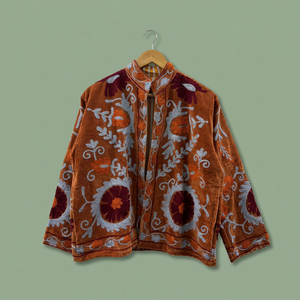 Custom Luxury Handmade Floral Embroidery <b>Velvet</b> <b>Jacket</b> <b>Women</b> Retro Designer Short Coats Stand Collar Open Front Boho Casual - Product Image 4