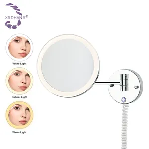 Hot Selling Wall Mounted Mirror Minimalist Bathroom Cosmetic Mirror With Dual Sides Led Light Mirror 360 Degree Rotation