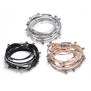 Fashion Charm <b>Bracelet</b> Multi Layer Leather Magnetic Clasp Rhinestone <b>Ball</b> Beads Wrap <b>Bracelet</b> For Women Gift Jewelry - Product Image 3