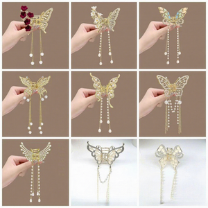 Pince à cheveux papillon haut de gamme en alliage de zinc avec pierre œil de chat et pompon, élégante, style féerique, pour femme, ensemble complet - Product Image 4