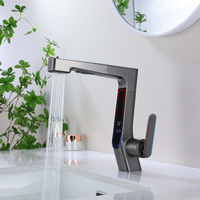 Robinet de salle de bain moderne intelligent à affichage numérique LED, en laiton, monotrou, monocommande, à poser sur le plan, gris anthracite, avec douchette extractible en céramique