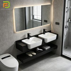 <span class=keywords><strong>Mobile</strong></span> <span class=keywords><strong>Bagno</strong></span> Sospeso di Lusso con Doppio Lavabo in Marmo Sinterizzato, Specchio LED Integrato - Qualità Alberghiera - Vendita all'Ingrosso - Product Image 1