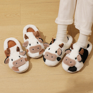 <span class=keywords><strong>Chaussons</strong></span> pour femmes et hommes, imprimés vache mignons, en peluche douce et moelleuse, avec semelle en PVC, chauds pour l'hiver, pour la famille, à porter à l'intérieur - Product Image 3