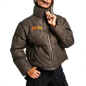 Veste matelassée unisexe en PU gris foncé, col montant, fermeture éclair, coupe courte, coupe-vent, style streetwear, pour l'hiver - Product Image 1