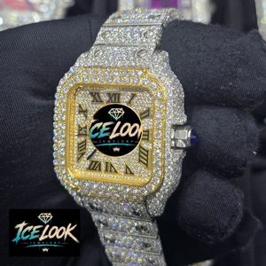 Montre mécanique Ice Look à cadran carré, lunette en cristal, ton or, chiffres romains, bracelet, idéale pour un cadeau et un style élégant - Product Image 3