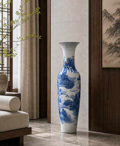 Vaso da terra gigante in stile antico blu e bianco, con intricato paesaggio di pini dipinto a mano, alto vaso decorativo da terra. - Product Image 4
