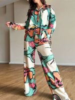 Nouvel ensemble pantalon large taille haute et chemise imprimée à revers boutonnée pour femme, collection printemps