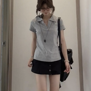 เสื้อแขนสั้นผู้หญิงผ้าฝ้ายผสมใยไผ่ถักสีเทา ระบายอากาศได้ดี สวมใส่สบาย สีพื้น คอวี ความยาวปกติ - Product Image 1