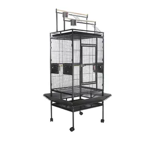 Wholesale heavy metal black large parrot cages come with sunroof chassis luxury bird villas with wheels to move at any time