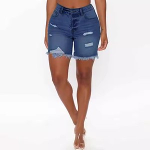 Fashionable Women's High Waist Denim Shorts Distressed Ripped Frayed Hem Cotton Blue Casual Summer <b>Jeans</b> New Style - Product Image 3