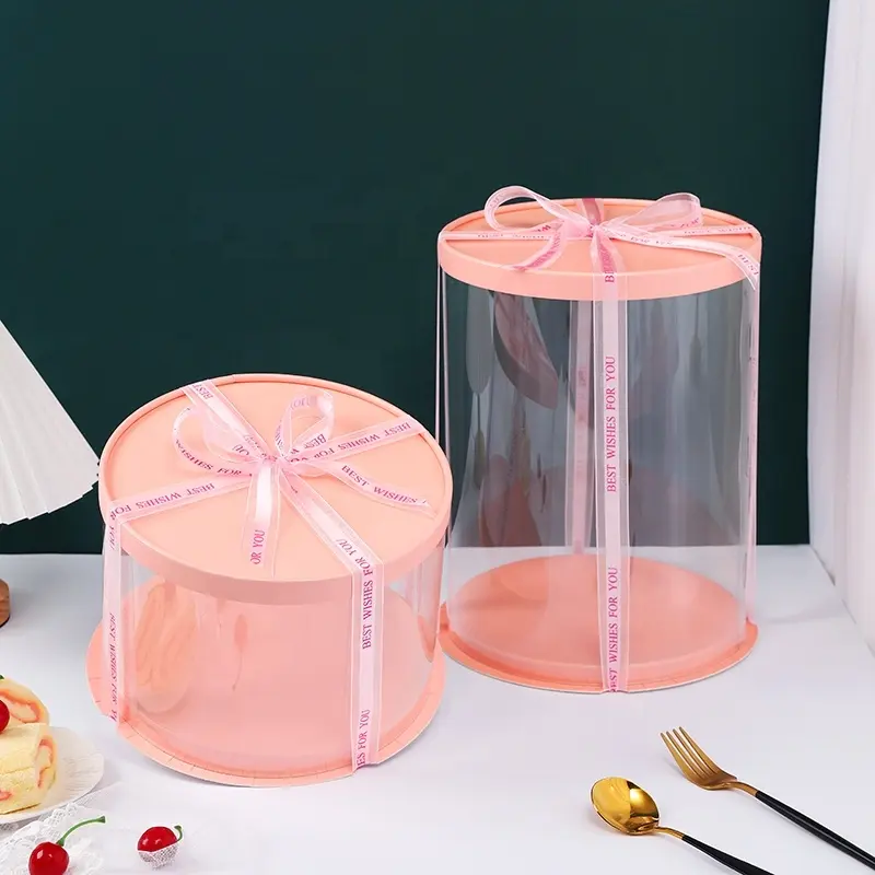 Toptan pembe kek kutusu uzun beyaz şeffaf yuvarlak kek ambalajı düğün doğum günü partisi için hediye peynir kek kubbe kutusu