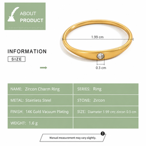 Zircon <b>Charm</b> Ring Stainless Steel 14K Gold Vacuum Plated Polished Band with Round Clear Zircon Pendant - Product Image 3