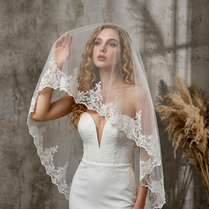 Voile de mariée à 2 couches sans peigne, romantique, brodé, avec appliques en dentelle, élégant, en tulle ivoire, voile de mariée pour la mariée et la fête - Product Image 1