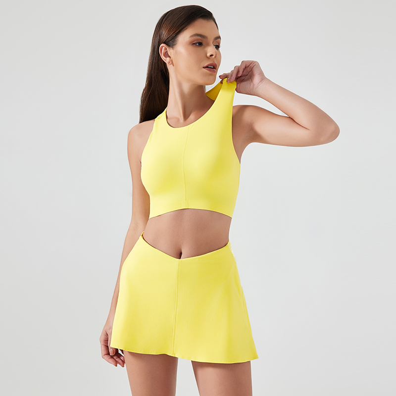 Womens Yoga Set Round Neck Tank Top with Elastic Waist Striped Athletic Skort Semi Drawstring Breathable High Stretch Outfit