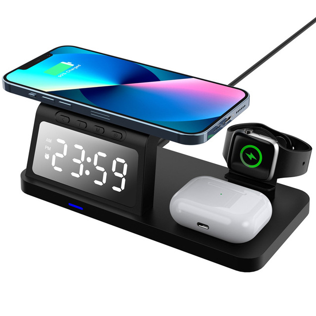 New Digital Mobile Desktop Multifunctional Alarm Clock Watch Earphone Charging  Clock 15W Fast Wireless Charger