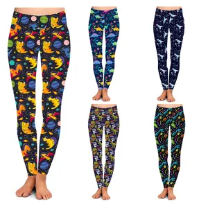Space dinosaur with stars and moon Printed Women High yoga waist buttery soft 92% polyester 8% spandex leggings for women