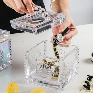 Pot de rangement en verre de forme créative en relief européen avec couvercle boîte de rangement de bijoux récipient de rangement en verre carré - Product Image 3