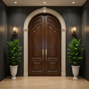 Meubles de maison, porte d'entrée double en bois massif avec dessus arrondi, porte extérieure en bois cintrée avec isolation phonique - Product Image 1