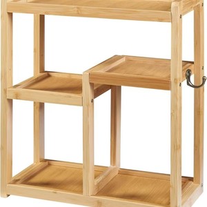 Étagère de salle de bain en bois, support mural à 2 niveaux pour rangement de produits de toilette, porte-serviettes, couleur bois naturel - Product Image 1