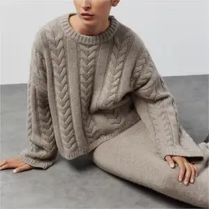 2024 Supplier Custom Ladies Cotton Pullover Knitwear Women's Winter Cable Knit Crew Neck Cropped Sweater Jumper For Women