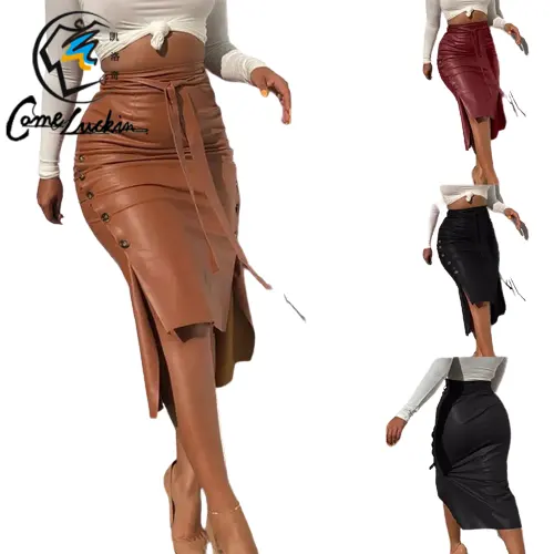 2024 nueva venta caliente falda de cuero PU de longitud media para mujer de cintura alta al por mayor Slit Slim media falda PU falda