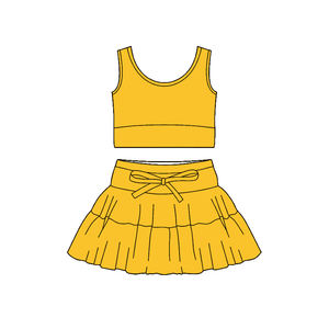 GSD3618 Tenues d'été personnalisées pour petite fille, jupe de yoga jaune unie, vente en gros de vêtements pour enfants en bas âge, ensemble de jupe en tissu - Product Image 1