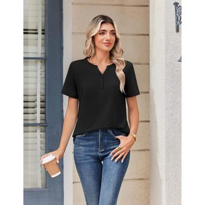 Blusa de Mujer con Cuello en V, Manga Corta, Botones, Informal, Primavera-Verano, Tela Popelina, Uso Diario - Product Image 2