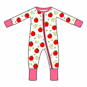 Romper Bayi Bahan Viscose Bambu Spandex dengan Ritsleting Dua Arah, Motif Apel, Grosir Custom, Pakaian Tidur - Product Image 1