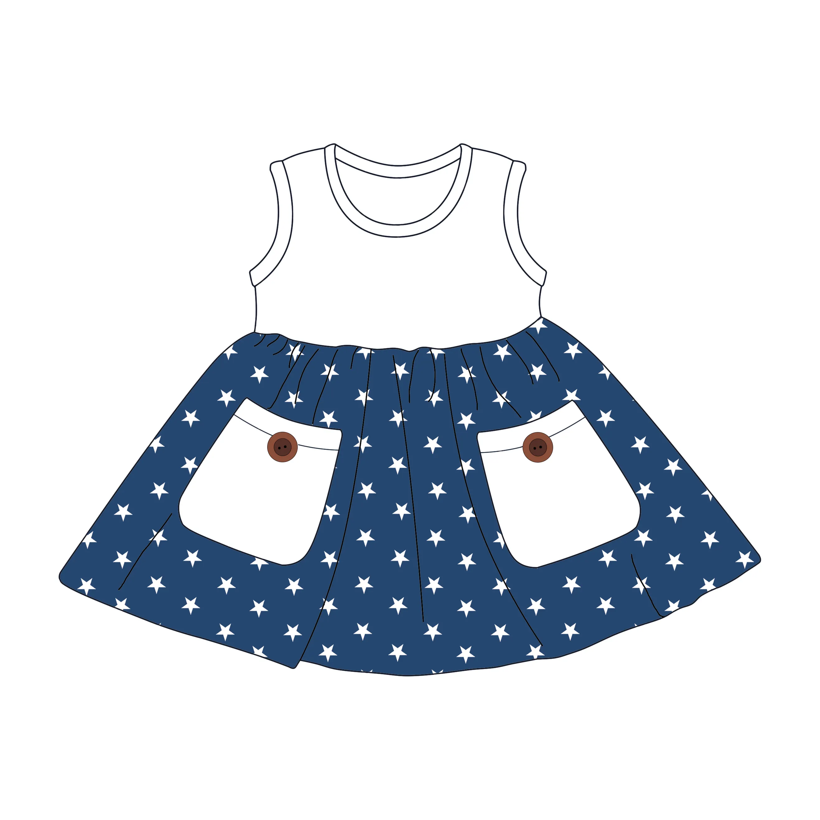 Qingli Pre-pedido personalizado bolsillo botón niños sin mangas verano nuevo 4 de Julio estampado bebé niñas vestido de fiesta