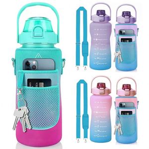 Big Capacity 64Oz 2L Water Bottle Motivational Time Marker Half Gallon Water Bottle With Protective Sleeve Strap <b>Gift</b> - Product Image 5