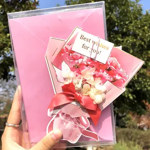 Personalizado un ramo de flores 4 PCS flores secas tarjetas de felicitación con DIY en blanco hecho a mano regalo nota caja de cristal