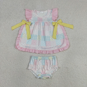 New Patchwork Design Ruffle Bloomer Set with Yellow Bow 2-piece Baby Girl Outfit Summer <b>Clothes</b> Sweet Style for Baby Girls - Product Image 2