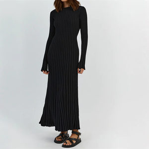 Autunno e inverno a maniche lunghe a girocollo abito in maglia Slim tinta tinta unita maglione con fondo vestito a maglia per donna - Product Image 5