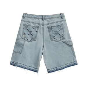 Jean en denim coupe droite taille mi-haute, longueur genou, en tissu denim lavable et résistant à la décoloration, avec surpiqûres à motif quadrillé orné - Product Image 4