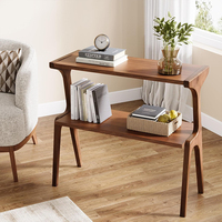Table d'appoint moderne en bois d'hévéa à 2 niveaux, table d'appoint étroite, table d'appoint de canapé pour salon et chambre à coucher, table de chevet avec étagère de rangement