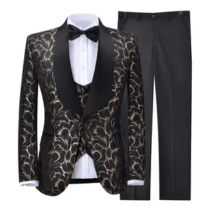 HD211 Hoge Kwaliteit Zwart Met Gouden Bloemen Enkele Breasted Mannen Slim Fit Suits 2 Stuks Bruidegom Tuxedo Kostuums Voor mannen